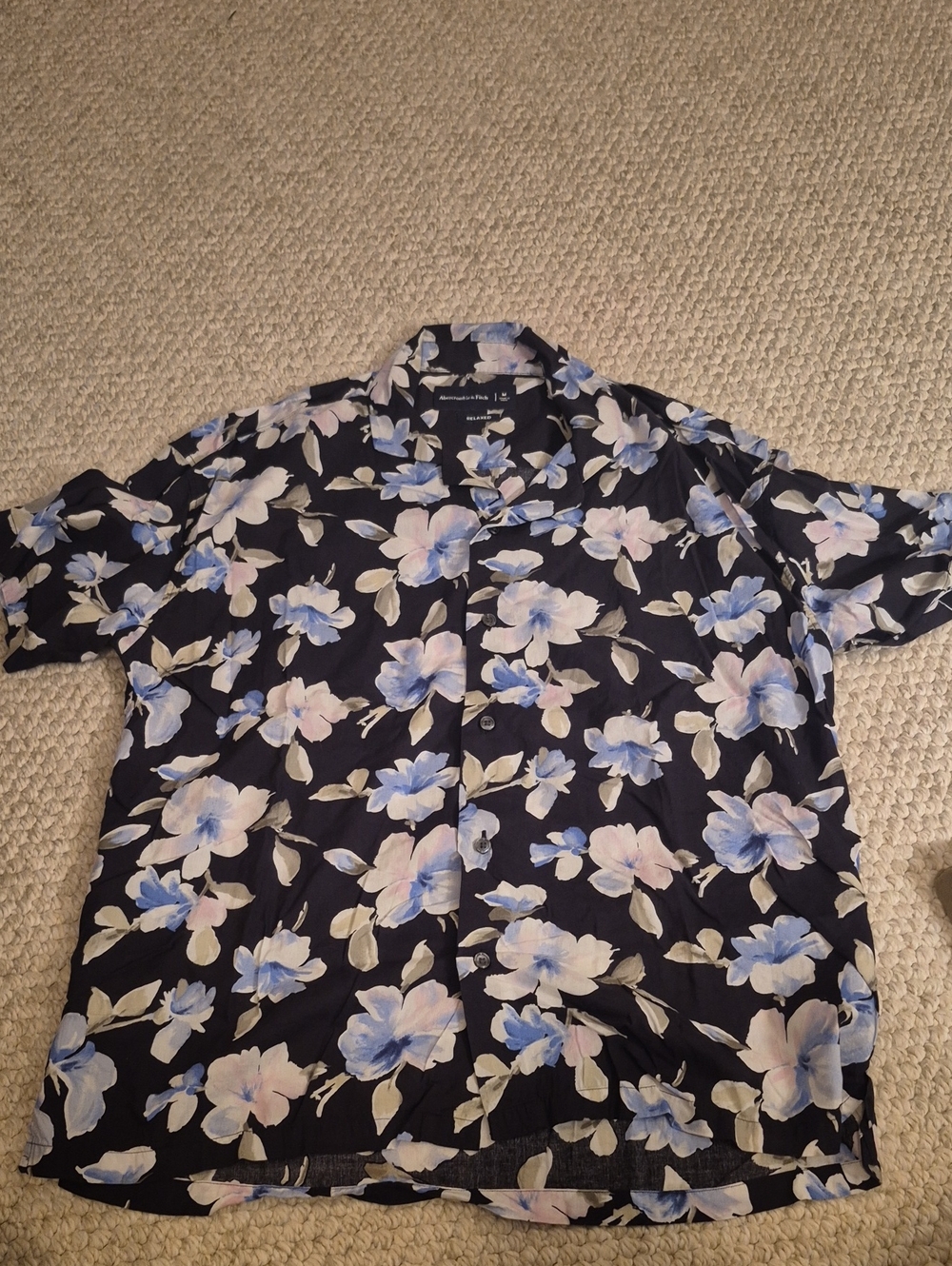 Men's Floral Short-Sleeve Button-Up Shirt - Black with Blue & Cream Flowers